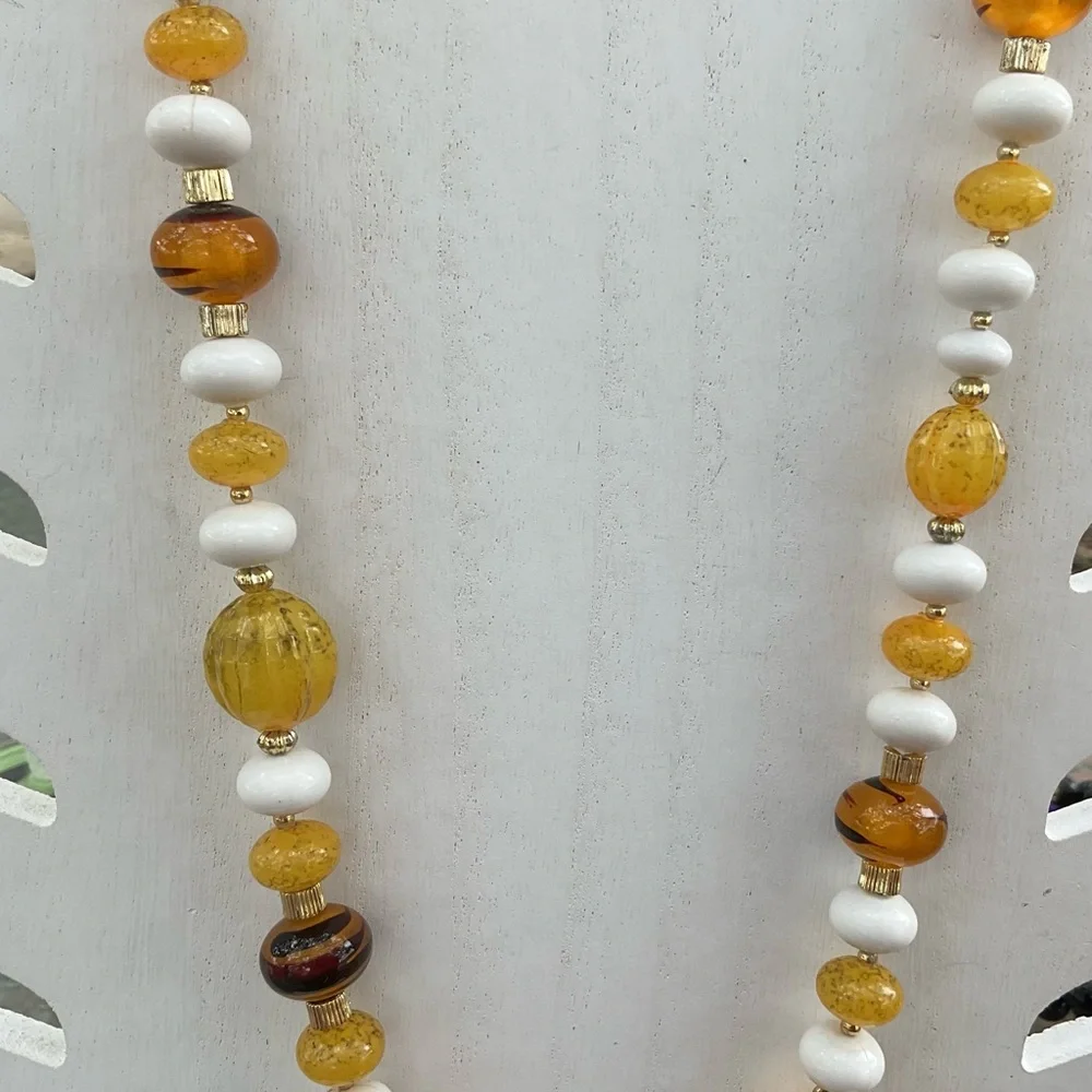 White Yellow bead necklace acrylic beads 34” long made Hong Kong vintage